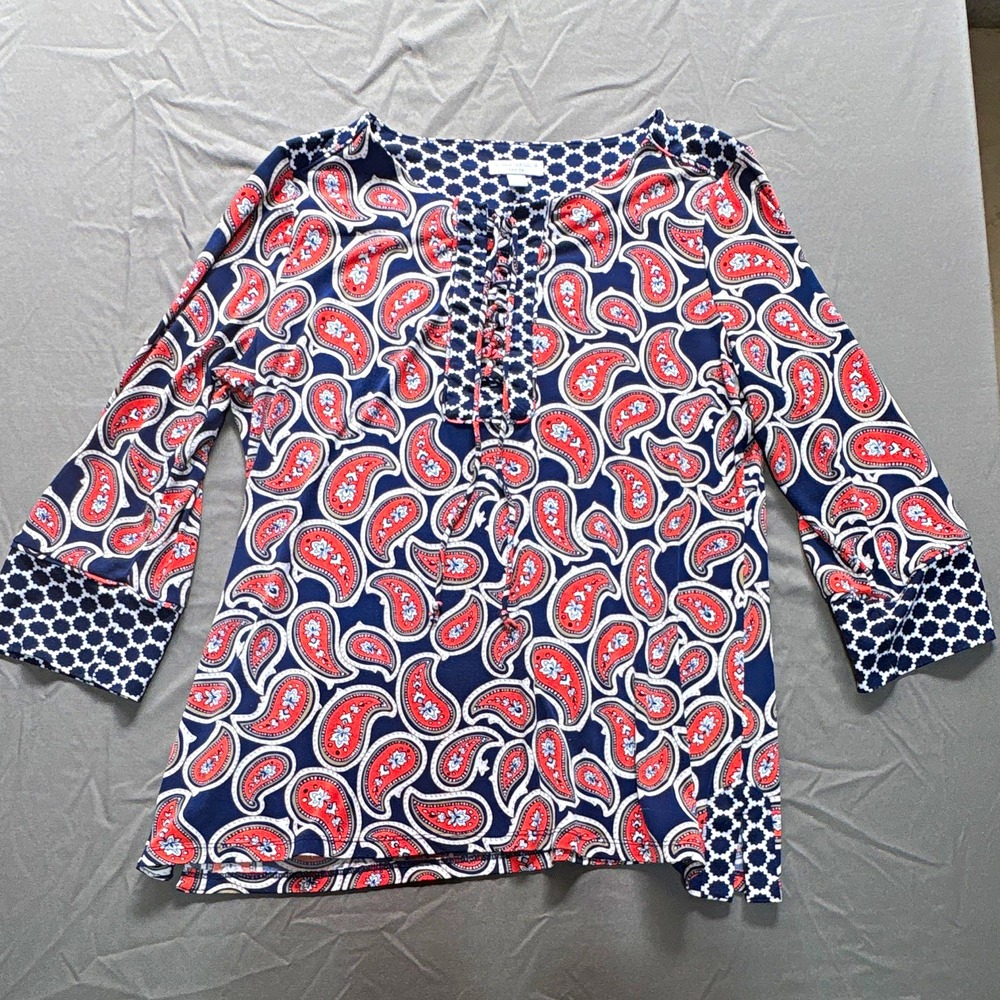 Charter Club Petite PL Navy Red White Paisley Round Neck Tie 3/4 Tunic Top